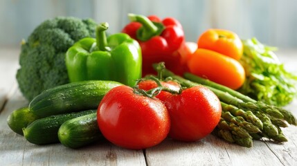 Freshly Picked Assortment of Colorful Vegetables, Including Tomatoes, Peppers, Broccoli, Cucumbers and Asparagus on a Wooden Table