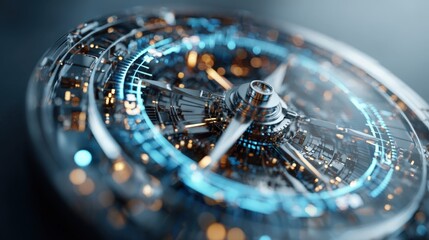 Futuristic Compass Illustration with Glowing Elements, Representing Innovation, Technology, and Strategic Direction in High-Tech Environment