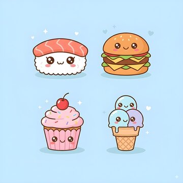 A set of colorful vector illustrations featuring a cupcake, sushi, ice cream, and burger. Perfect for icons, menu graphics, caf&eacute; branding, food apps, and digital illustrations. 