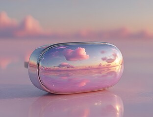 Reflective, metallic pod mirroring sunset clouds