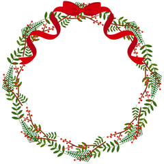 赤いリボンのついたクリスマスリースのイラスト