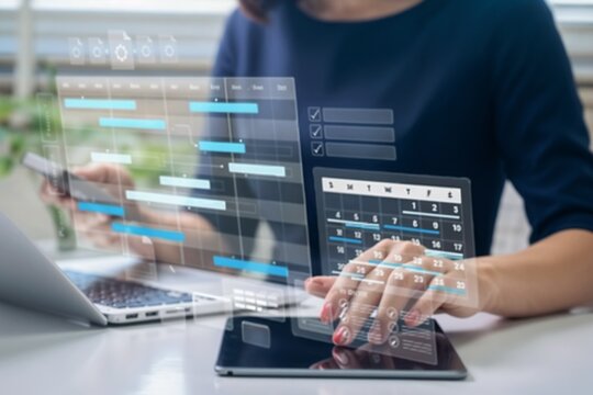 Businesswoman using digital project management interface with calendar, task scheduling, and charts on a tablet, representing productivity, planning, and modern business technology solutions.