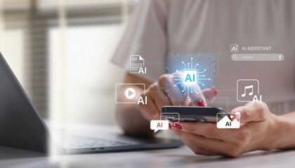 Businesswoman using smartphone with AI assistant icons and digital interface, representing artificial intelligence, mobile technology, smart apps, innovation, and modern business solutions.