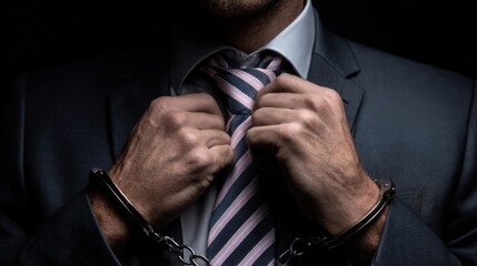 Businessman Adjusting Tie with Handcuffs Depicts Corporate Struggle and Loss of Freedom Under Financial Pressure
