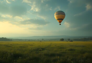 Obraz premium Serene Hot Air Balloon Flight Over Vast Meadow at Dawn