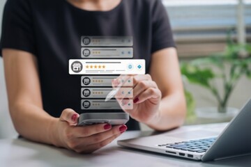 Businesswoman using smartphone with digital customer review and star rating interface, representing online feedback, user experience, client satisfaction, and modern business evaluation.