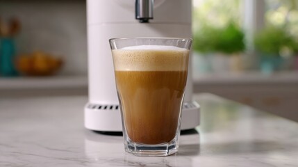 Frothy Coffee Beverage in Glass Prepared by Coffee Machine on Marble Countertop in Bright Kitchen