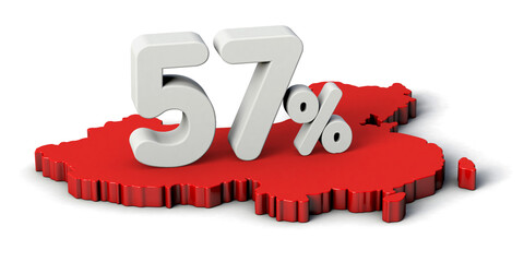 57% 3d text on China map. 3d illustration.