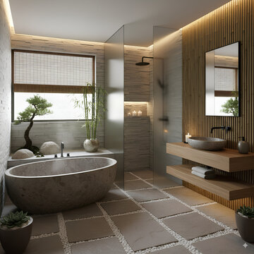 Modern bathroom interior with bathtub, digital illustration