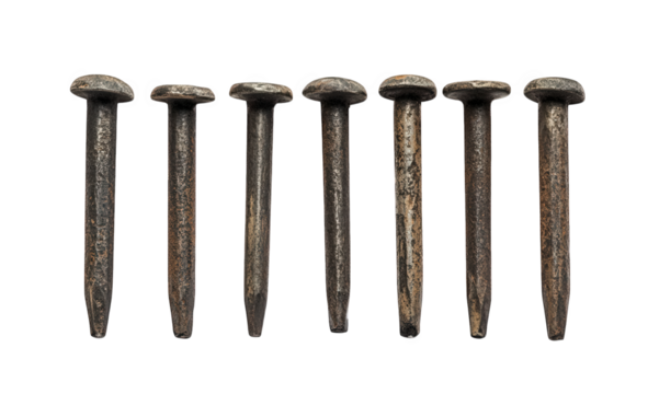 Row of old rusty metal nails isolated on transparent background, vintage hardware