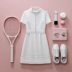 Stylish tennis outfit flat lay with white dress, pink racket, and accessories on a pastel background