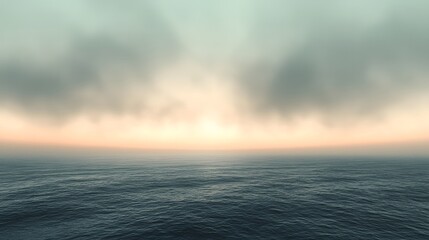 A tranquil seascape, painted in muted tones of pale gray, soft peach, and deep teal, portrays a calm ocean beneath a hazy, overcast sky at dawn or dusk.