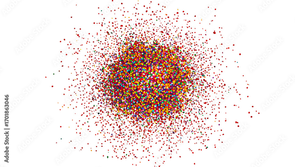 Poster colorful explosion of tiny dots illustrating chaos and vibrancy in an abstract art form, emphasizing