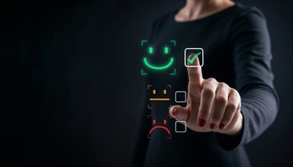 Businesswoman selecting happy face icon on digital feedback interface, representing customer satisfaction, user experience, service quality, and online survey evaluation in modern business.