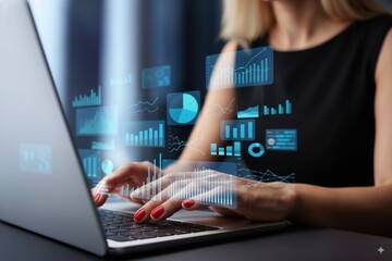 Businesswoman working on laptop with digital data charts and analytics dashboard overlay, representing business intelligence, data analysis, financial reports, and modern technology solutions.