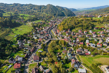 Aerial view of the Sromowce Nizne village in Pieniny National Park, Poland