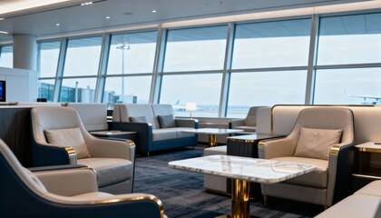 Exclusive Airport Lounge Interior with Modern Seating, Natural Light, and Expansive Window Views