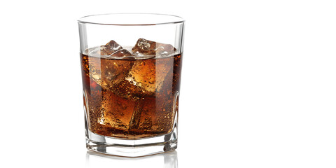Refreshing dark soda served over ice in a clear glass with a shiny finish, placed on a white surface promoting a casual and enjoyable beverage experience suitable for warm weather or social gatherings