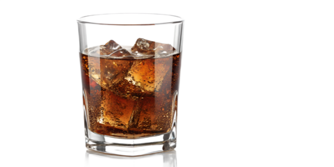 Refreshing dark soda served over ice in a clear glass with a shiny finish, placed on a white surface promoting a casual and enjoyable beverage experience suitable for warm weather or social gatherings