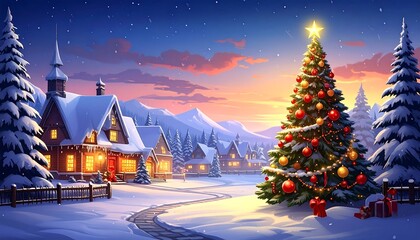Fototapeta premium A picturesque winter village scene at dawn, featuring a beautifully decorated Christmas tree and snow-covered houses.