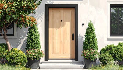 A light-filled front entryway featuring a light beige wooden door, flanked by lush greenery and potted plants, accented by black window frames and trim.