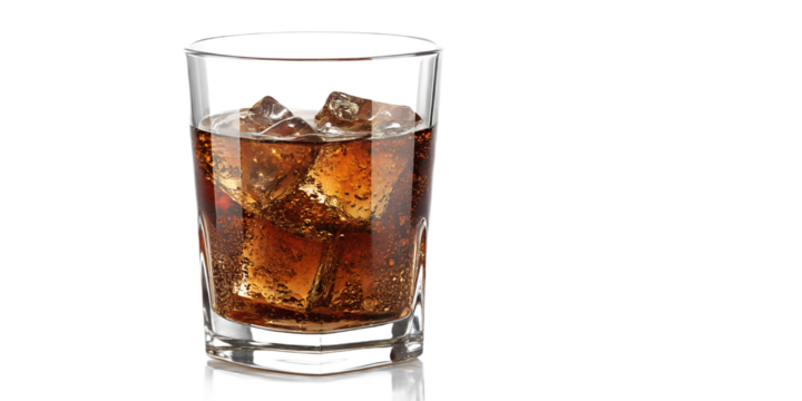 Refreshing dark soda served over ice in a clear glass with a shiny finish, placed on a white surface promoting a casual and enjoyable beverage experience suitable for warm weather or social gatherings