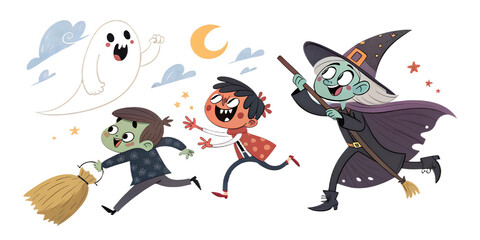 Children in costumes run joyfully during a Halloween celebration with a ghost in the background under a crescent moon  moon, festive, party, spooky, fun, october, playful, friends, candy, characters, 