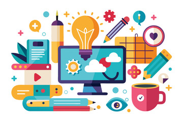 Minimalist vector illustration of two hands sketching a glowing light bulb with a pen, symbolizing creativity, brainstorming, innovation, imagination, and idea generation. Perfect for business present