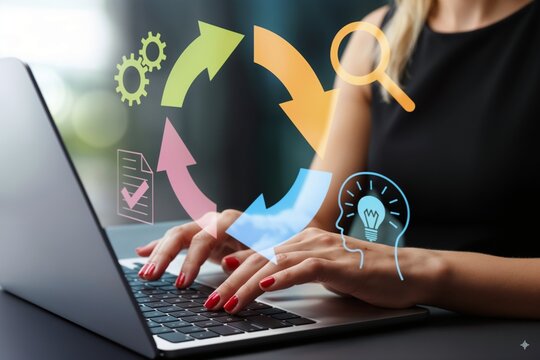 Businesswoman working on laptop with colorful digital workflow and process cycle icons, symbolizing project management, productivity, innovation, and modern business technology solutions.