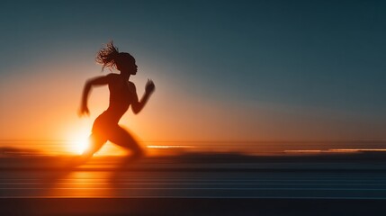 Woman running silhouetted against a vibrant sunset with blurred motion
