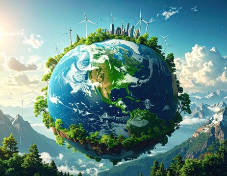 Green Earth Globe with Wind Turbines and Cityscape