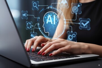 Businesswoman using laptop with AI digital interface and futuristic icons, symbolizing artificial intelligence, machine learning, innovation, smart technology, and modern business solutions.