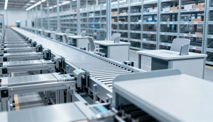 Obraz premium Automated Conveyor System in a Modern Warehouse for Efficient Inventory Management and Streamlined Logistics Operations