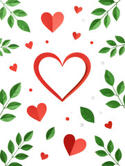 Colorful heart and leaf design for celebrations, featuring red hearts and green foliage on a white background, creating a joyful atmosphere for special occasions and events nature, pattern, cliparts
