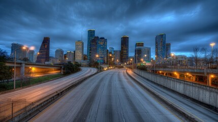 Obraz premium Downtown Cityscape at Twilight: Urban Skyline with Highway Leading to Modern Buildings and Dramatic Sky
