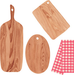 Vector watercolor illustration set of cutting boards, serving boards, rectangular kitchen board, oval kitchen board, and Italian style napkin