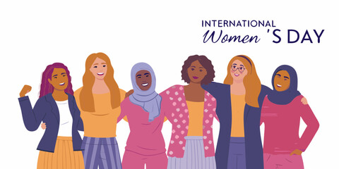 Diverse group of women celebrating international womens day together with arms around each other