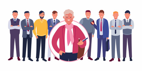 Diverse group of businessmen standing together in a line with a senior leader highlighted in a circle