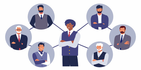 Diverse group of business professionals connected in a network diagram illustrating teamwork and collaboration