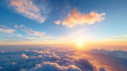 Sunset Sky's Beauty: The clouds are kissed by sunlight, as a beautiful, warm sky. Peaceful scenery with bright sunlight over the clouds. 