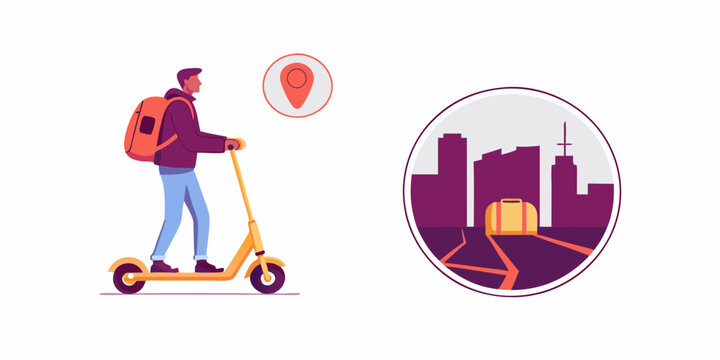Delivery person on electric scooter with backpack and location pin near city skyline with luggage