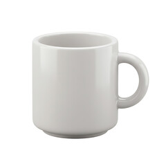 A plain white ceramic mug with a handle, presented in isolation on a transparent background
