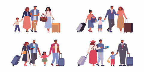 Diverse families and individuals traveling with luggage and suitcases on a white background