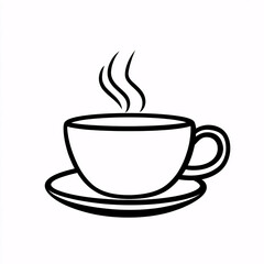 Obraz premium Hot coffee or tea cup icon with steam and saucer in black outline on white background, minimalist line art beverage symbol 