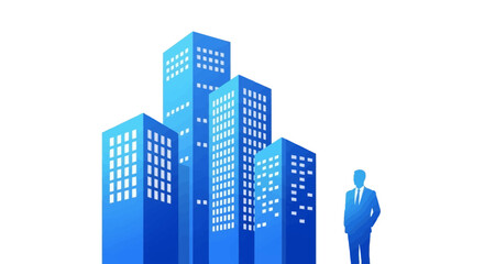 Illustration of a business professional standing in front of a group of blue abstract skyscrapers representing corporate growth and success in a modern city environment