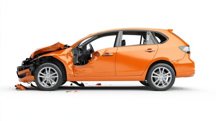 Damaged orange sedan car with a crumpled front view on white background