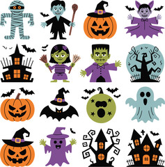 Halloween characters and haunted houses with bats and pumpkins mummy vampire