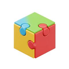 Fototapeta premium Small cube constructed from four interlocking puzzle pieces, isolated on transparent background