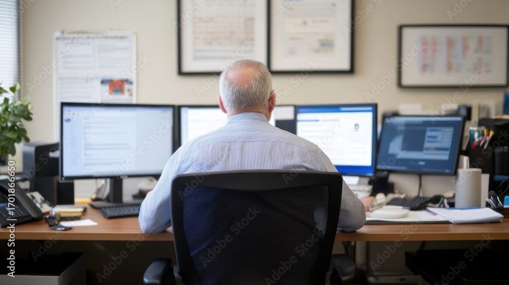 Poster office worker focused on multiple computer screens in modern workspace