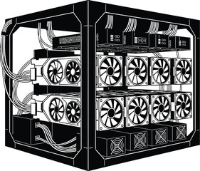 Silhouette of a mining rig with multiple graphic cards cryptocurrency mining equipment for blockchain technology